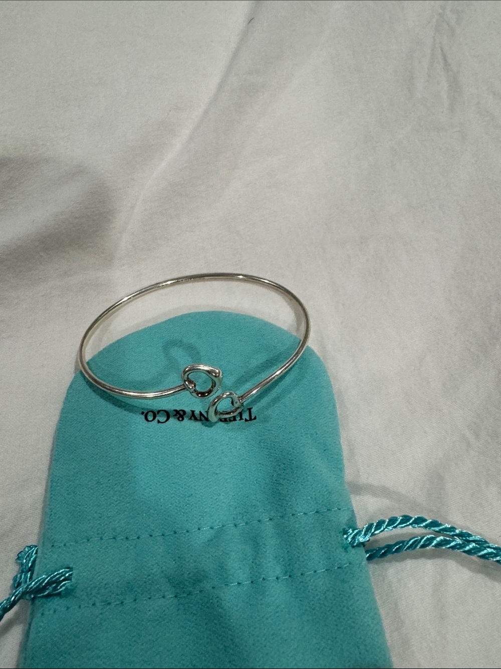 Tiffany & Co. Silver Double Heart Hook Bangle - Turquoise Accent